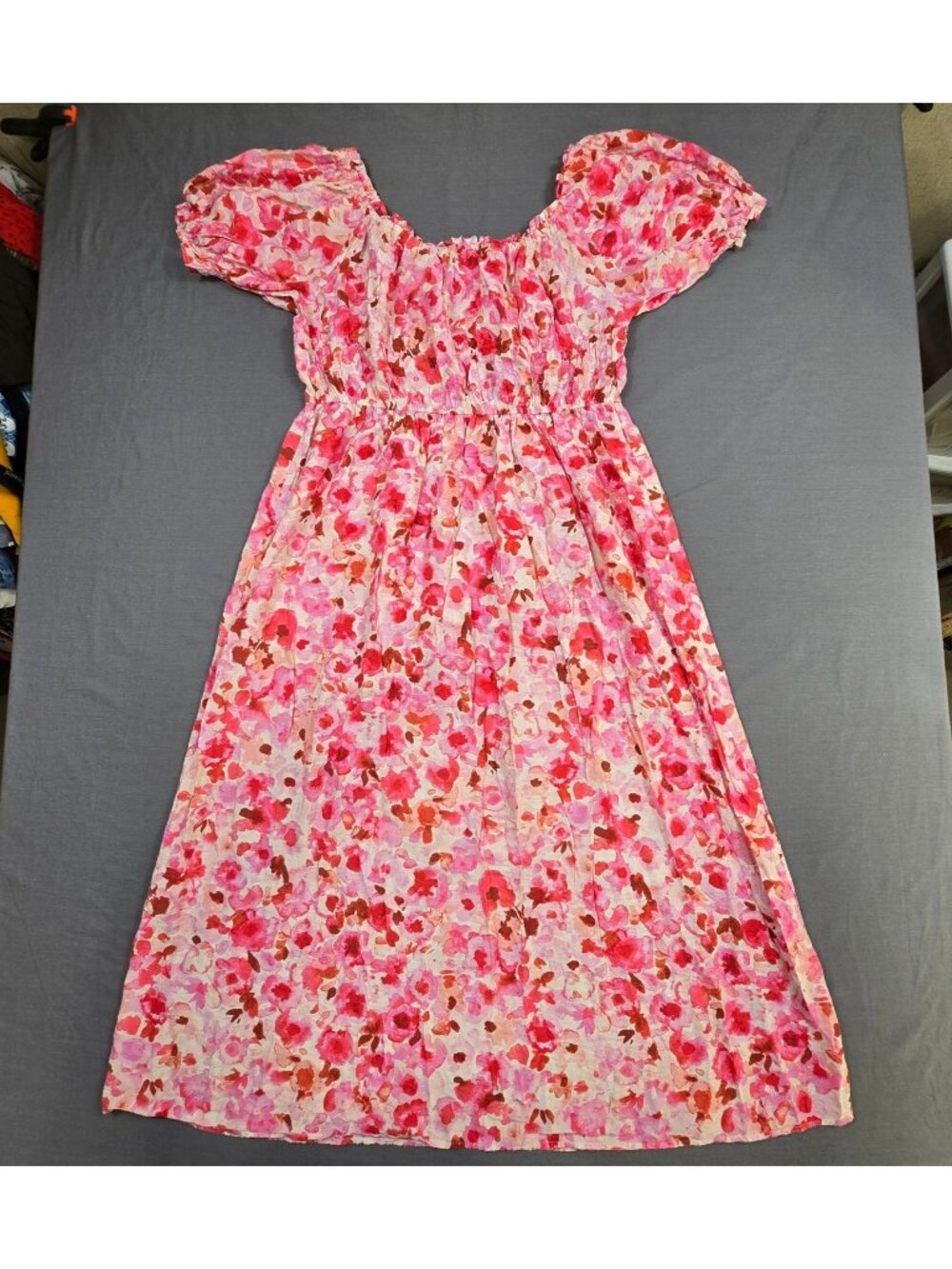 H&M XL Cottage Core Floral Midi Dress Pink/Red Smocked Puff Sleeve Off Shoulder